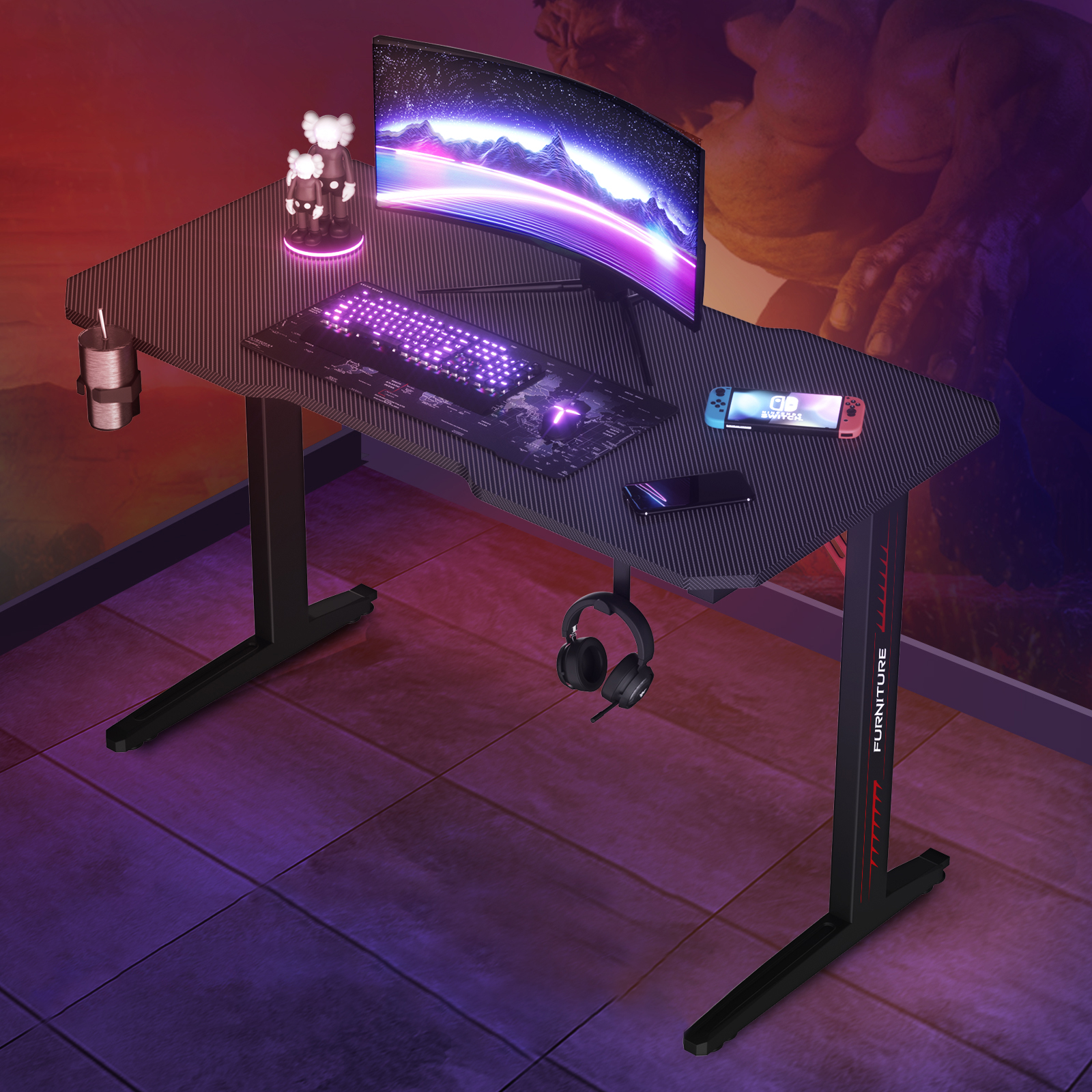 Advwin Gaming Desk Carbon Fiber Gamer Desktop Computer Study Table Workstation 120*60cm
