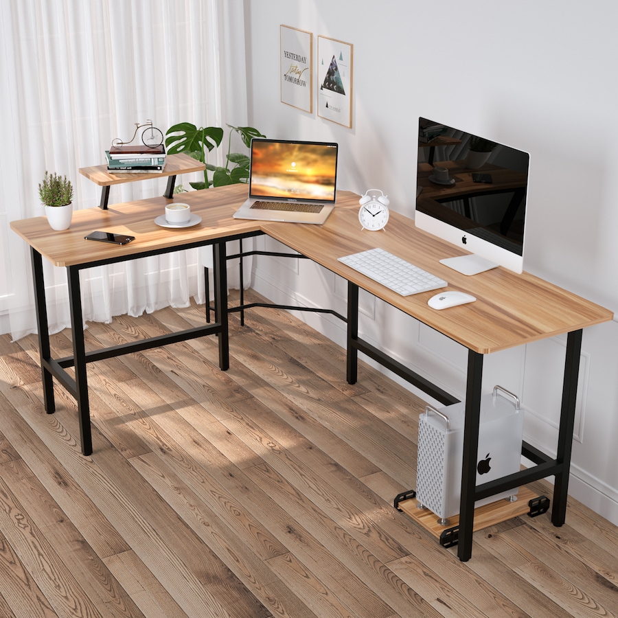 Advwin L-Shaped Corner Desk with Removable Shelf, Wood