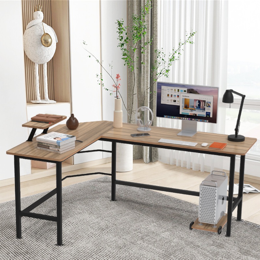 Advwin L-Shaped Corner Desk with Removable Shelf, Wood