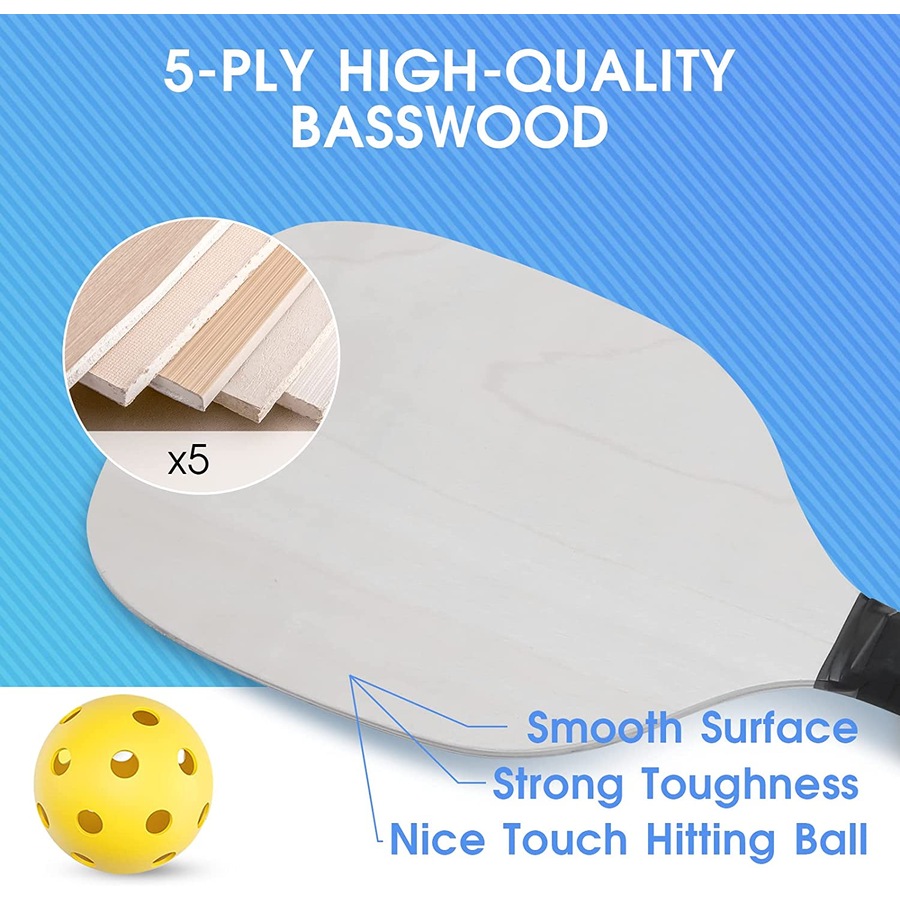 ADVWIN Pickleball Paddles, Wood Pickleball Paddle Set of 4 with 4 Balls and 1 Carry Bag, Indoor & Outdoor Pickleball Balls
