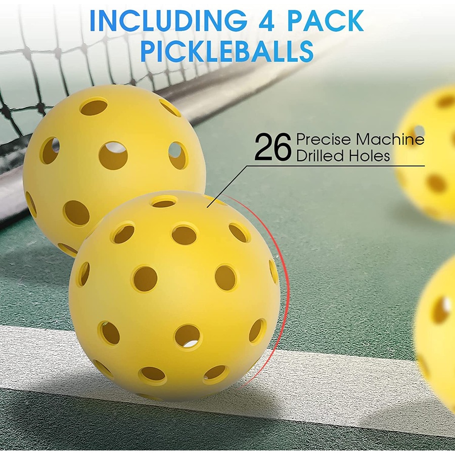 ADVWIN Pickleball Paddles, Wood Pickleball Paddle Set of 4 with 4 Balls and 1 Carry Bag, Indoor & Outdoor Pickleball Balls