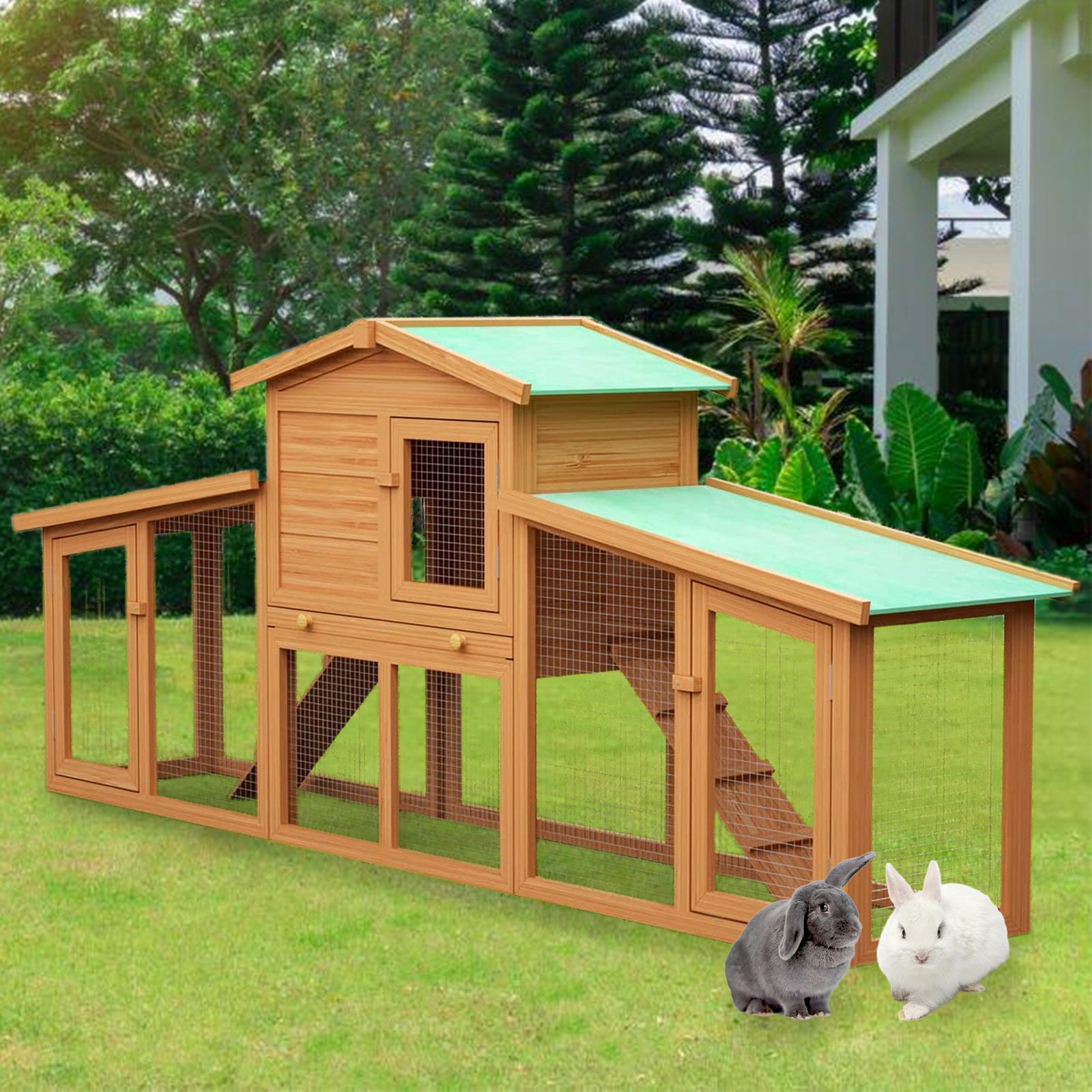 Rabbit Hutch Portable Chicken Coop 2 Level Wooden Pet Cage Large