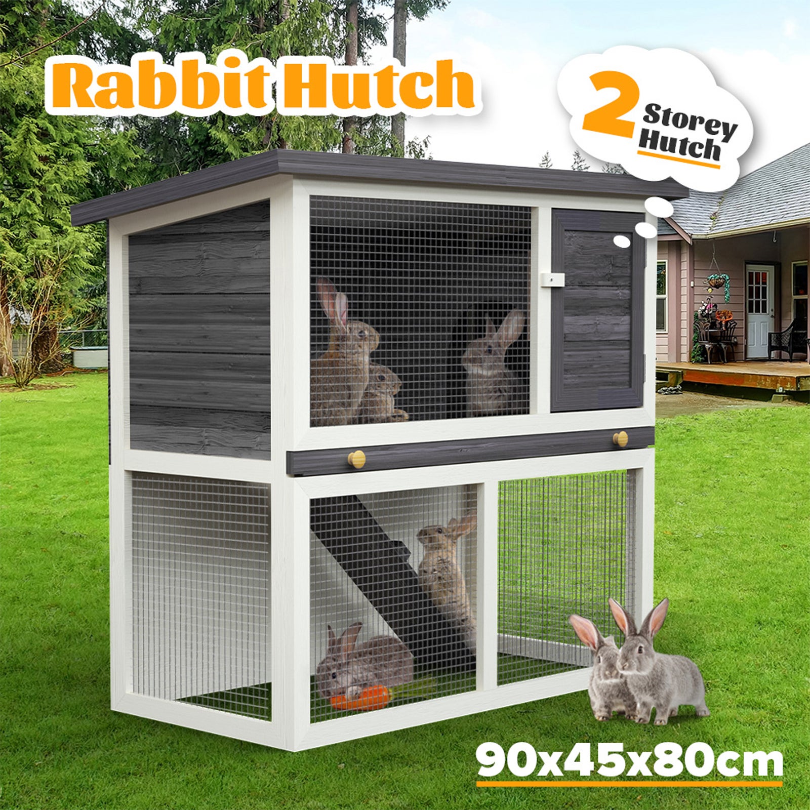 Rabbit Hutch Chicken Coop Wooden Pet House Outdoor 2 Level White+Gray