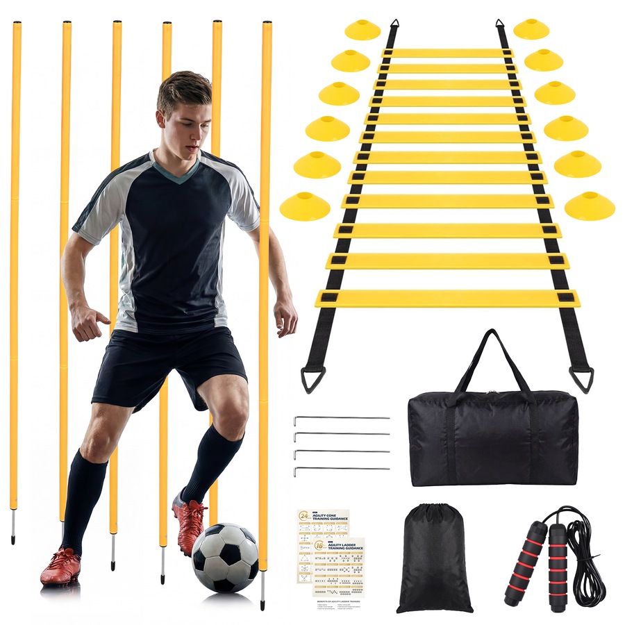 Soccer Training Equipment Set, 6.5ft Speed Agility Poles with Ground Stakes, 6m Agility Ladder, 12 Disc Cones & Jump Rope, Professional Football Speed Training Kit for Kids & Adults