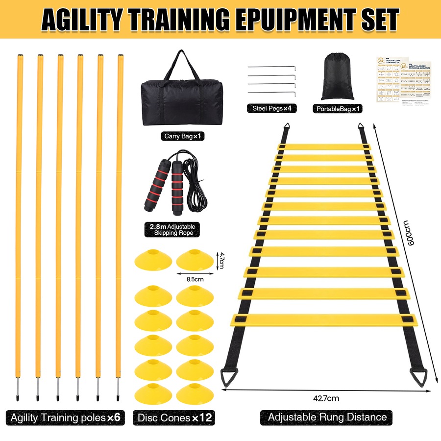 Soccer Training Equipment Set, 6.5ft Speed Agility Poles with Ground Stakes, 6m Agility Ladder, 12 Disc Cones & Jump Rope, Professional Football Speed Training Kit for Kids & Adults