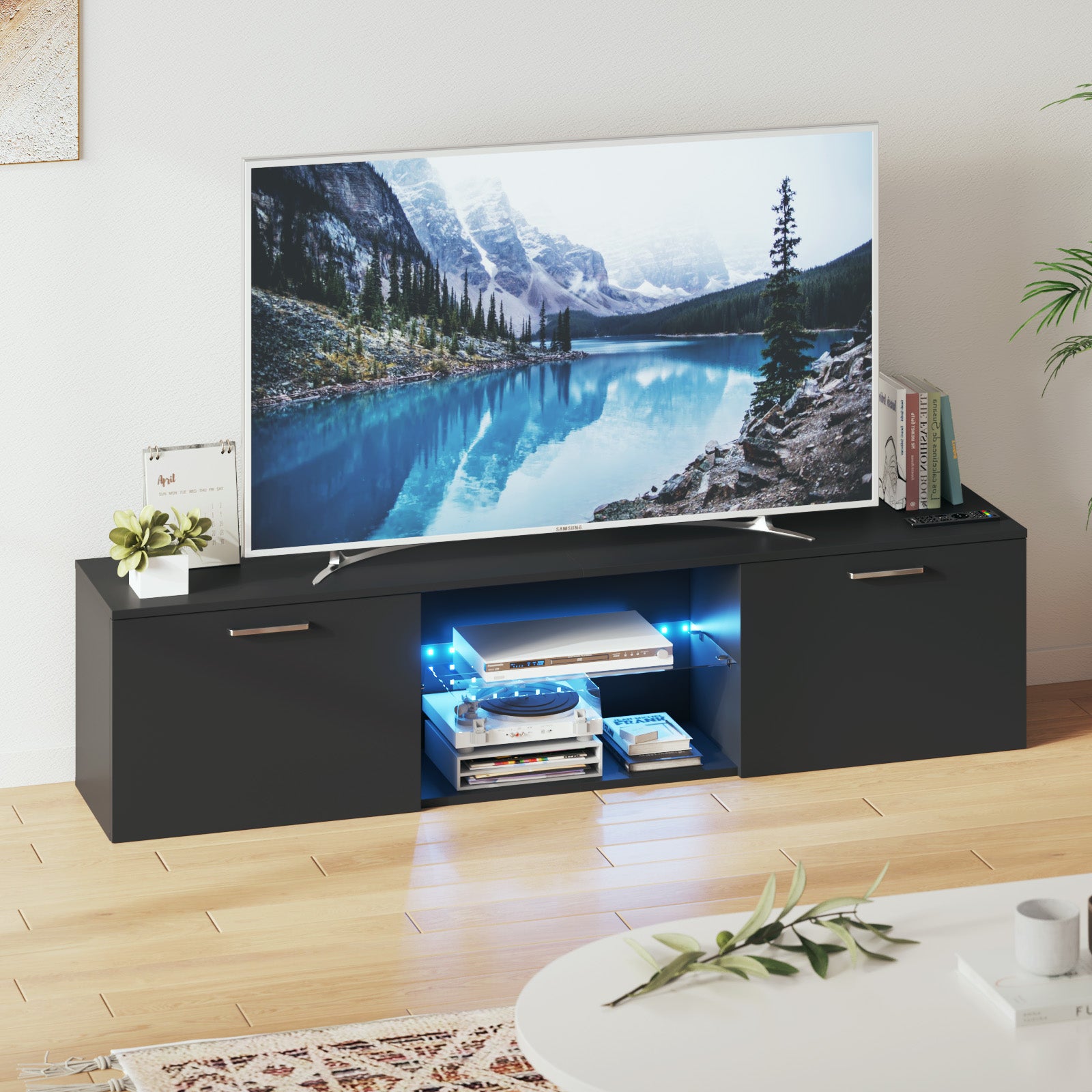 Advwin TV Entertainment Unit Cabinet Wooden Modern LED Glass Shelf Black