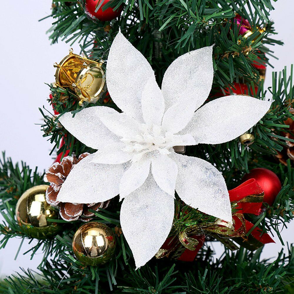10X Christmas Large 9/15cm Poinsettia Glitter Flower Tree Hanging Party Decor