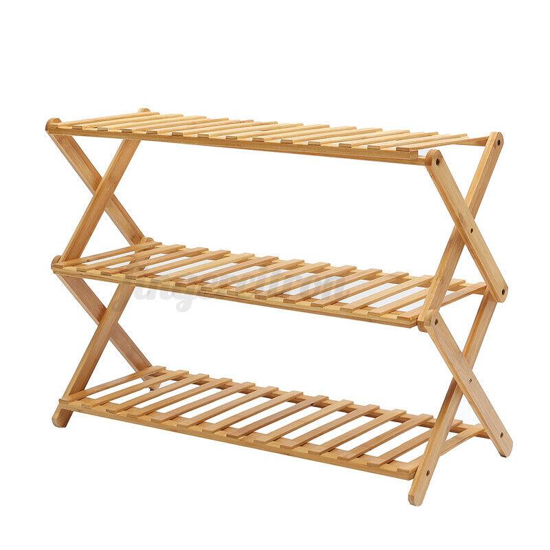 3 Tier Folding Shoe Rack Bamboo Wooden Shelf Stand Storage Organizer Cabinet Set
