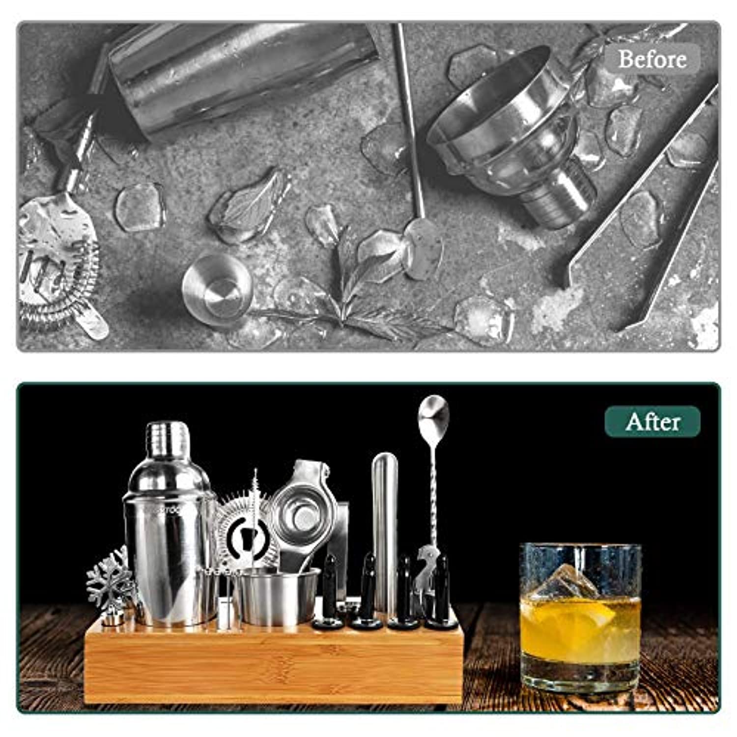 Stainless Steel Bar Tools Set with Cocktail Recipe Cards CHASSTOO 28 Pieces Cocktail Shaker Set with Bamboo Stand Professional Bar Accessories for Home Mixing Experience Mixology Bartender Kit 