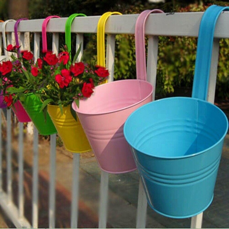 Buy Hanging Flower Pot Removable Hook Wall Pot Fence Flower Tub Iron Bucket Garden MyDeal