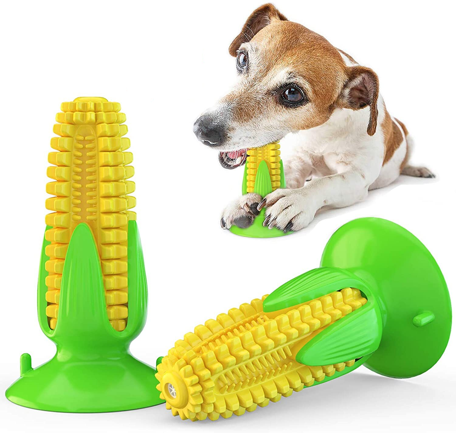 emPAWrium Dog Toothbrush Interactive TPR Squeak Chew Toy with Suction Cup Corn