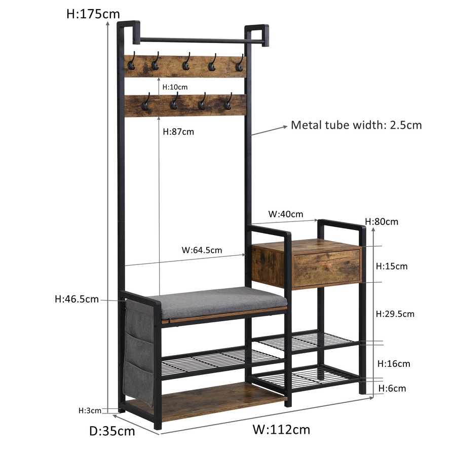 IHOMDEC 6-in-1 Hall Tree Entryway Bench, Coat Rack Shoe Bench with Storage Drawer Rustic Brown