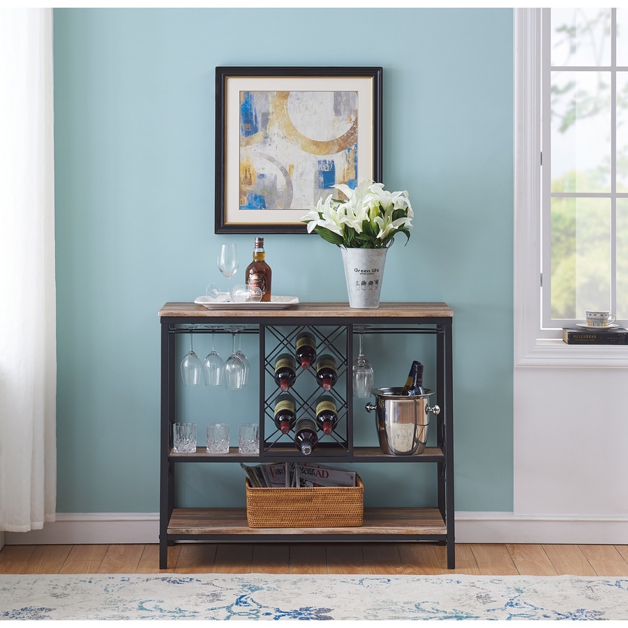 IHOMDEC Industrial Wine Rack Table with Glass Holder Brown