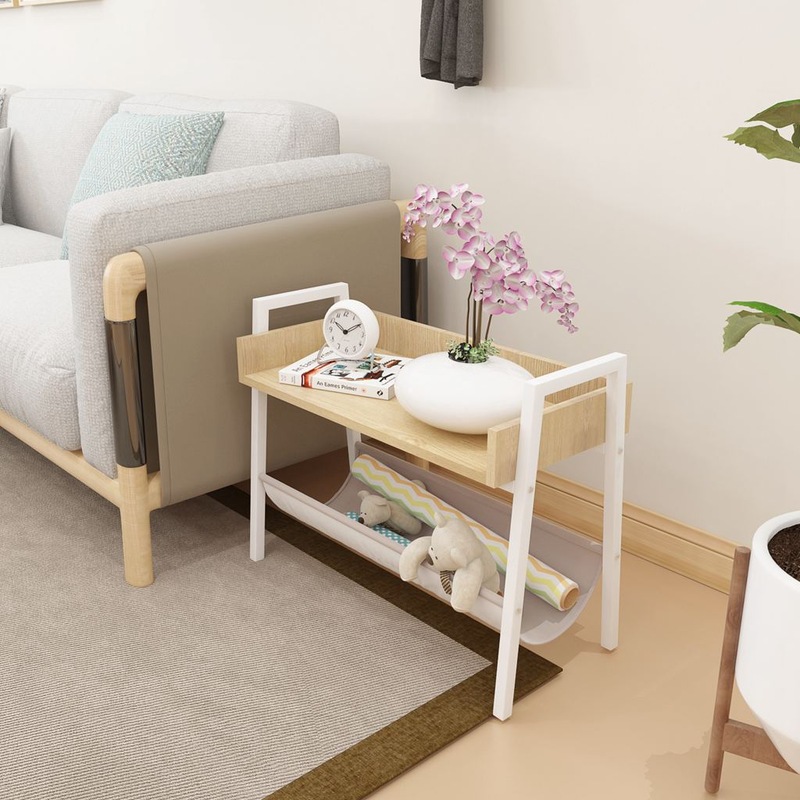 IHOMDEC Vintage Narrow End Table with Fabric Magazine Holder Sling