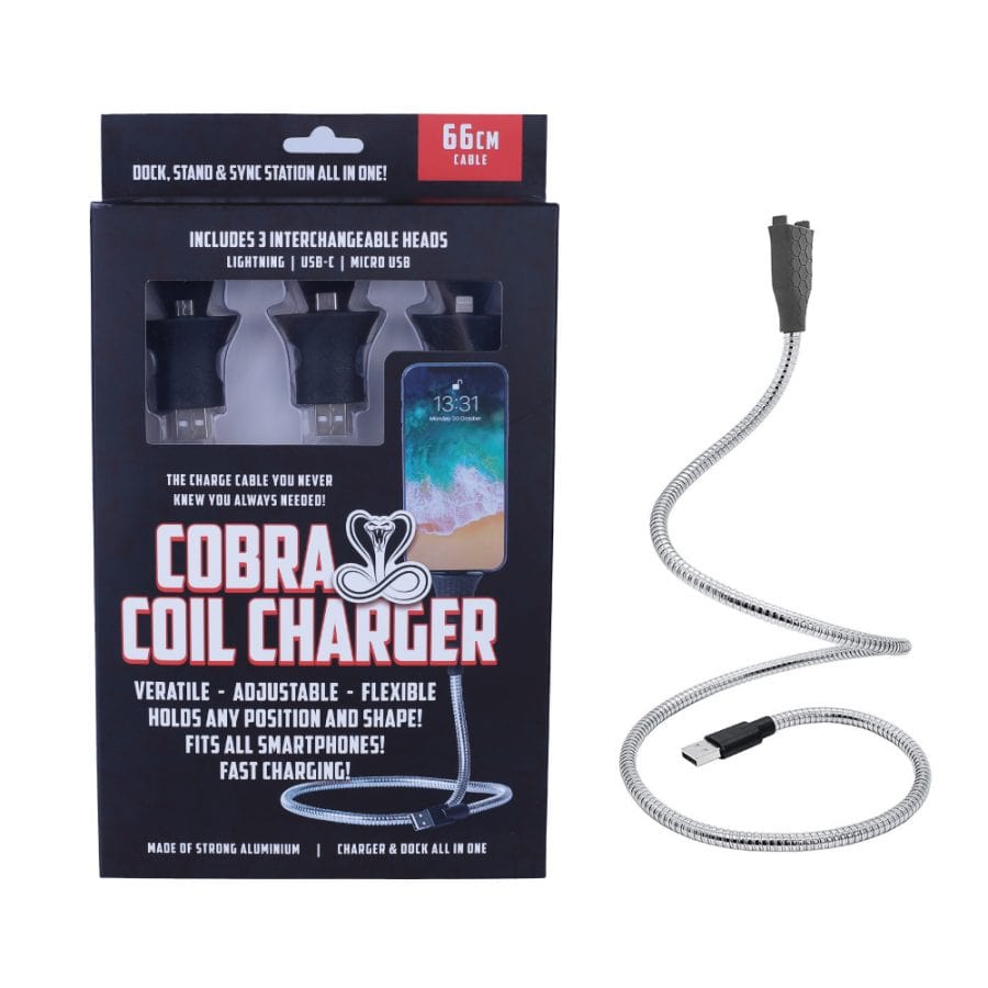 66cm Cobra Coil Mobile Charger Cable w/ USB-C/Micro-USB/Lightning Connector