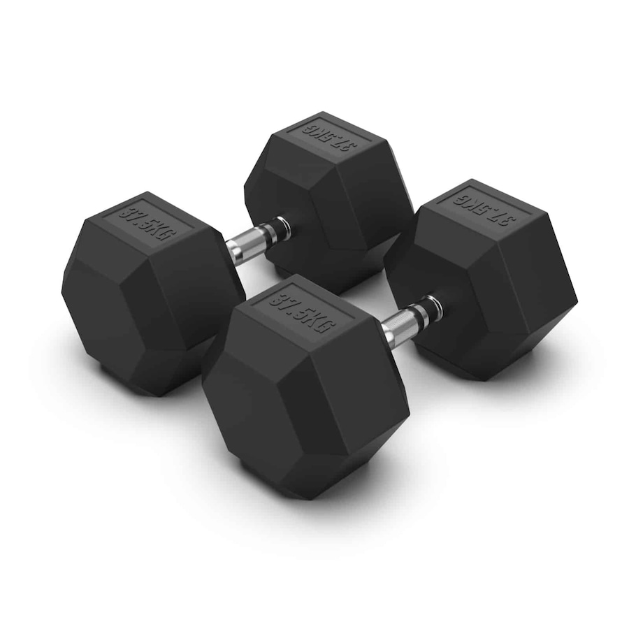 2 x 37.5kg Hex Rubber Coat Iron Dumbell Home Gym Strength Weight