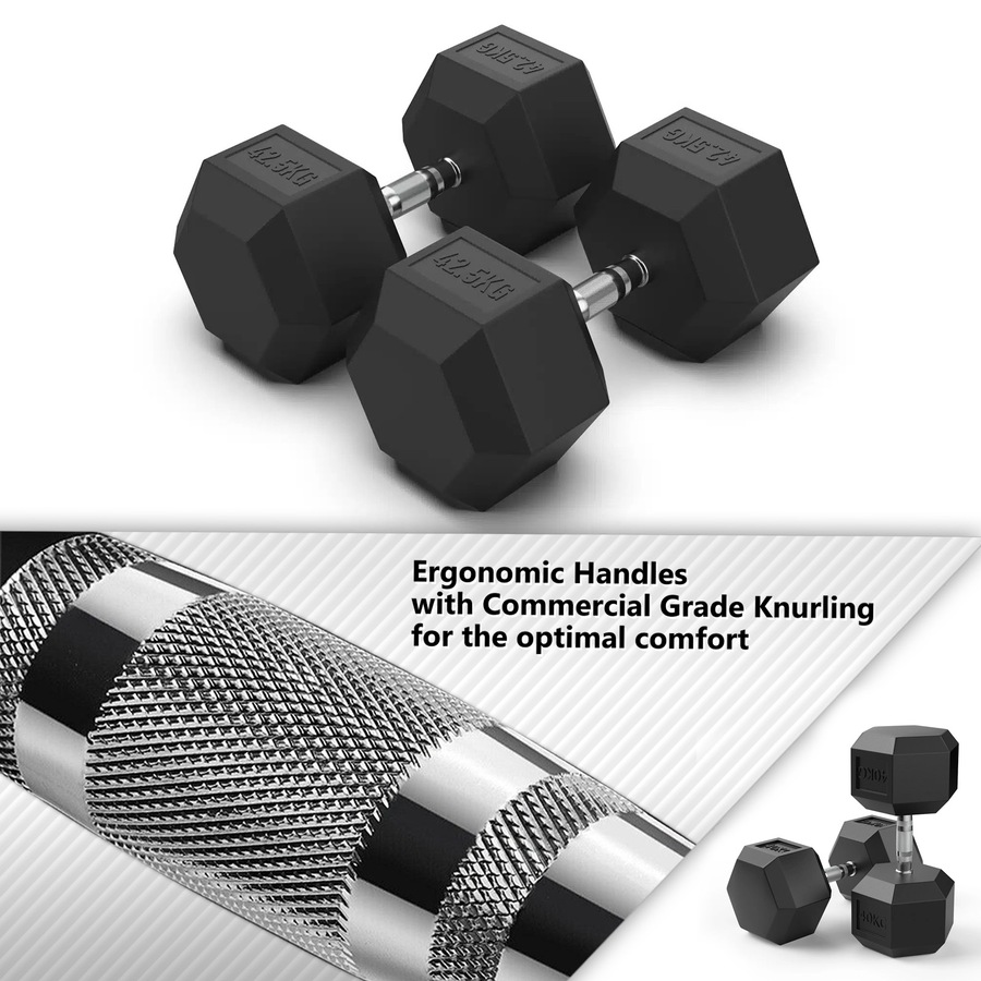 2 x 42.5kg Hex Rubber Coat Iron Dumbell Home Gym Strength Weight Commercial Grade