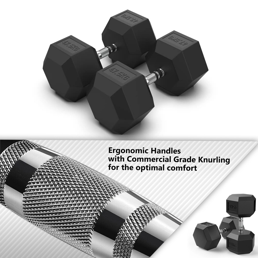 2 x 47.5kg Hex Rubber Coat Iron Dumbell Home Gym Strength Weight Commercial Grade