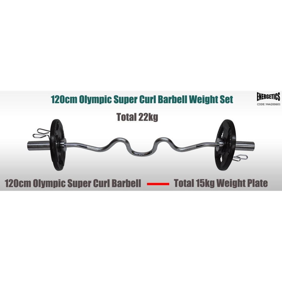 22kg Olympic Barbell Weight Set - 120cm Super Curl Bar + 15kg Weight Plates Home Gym