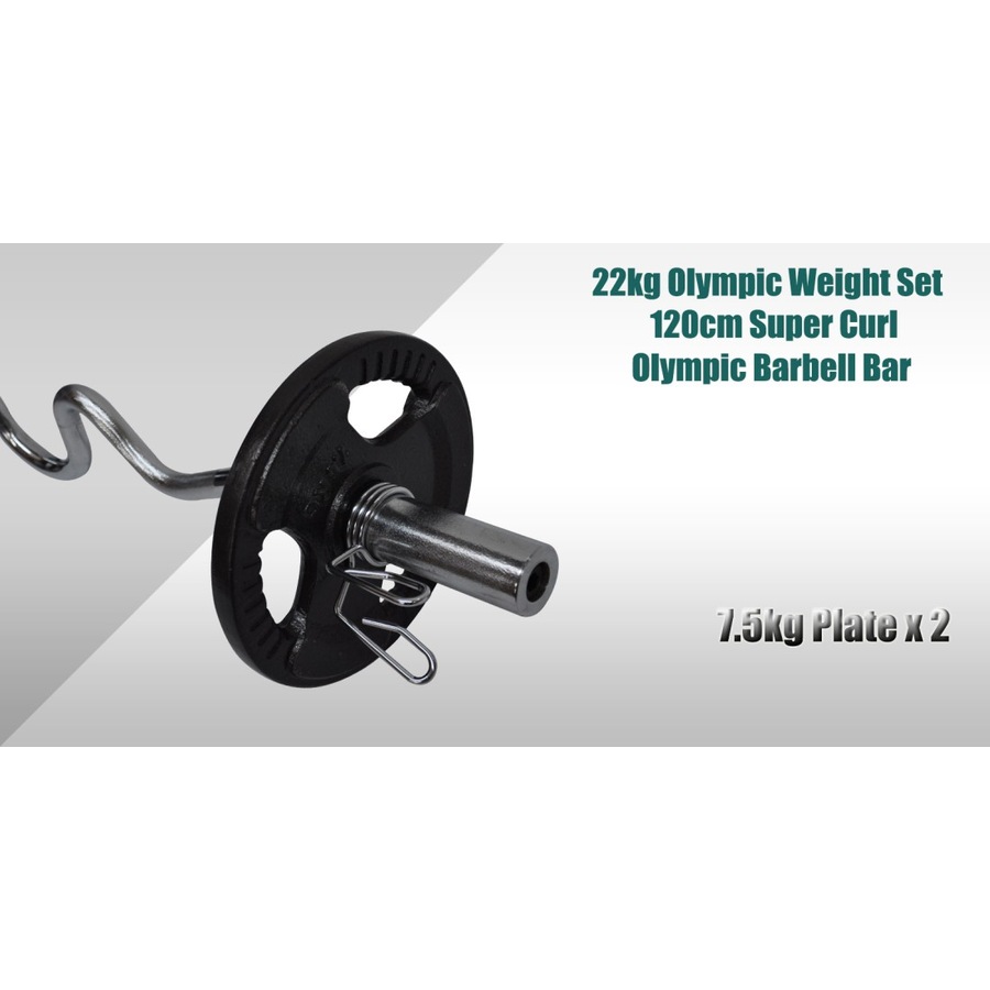22kg Olympic Barbell Weight Set - 120cm Super Curl Bar + 15kg Weight Plates Home Gym