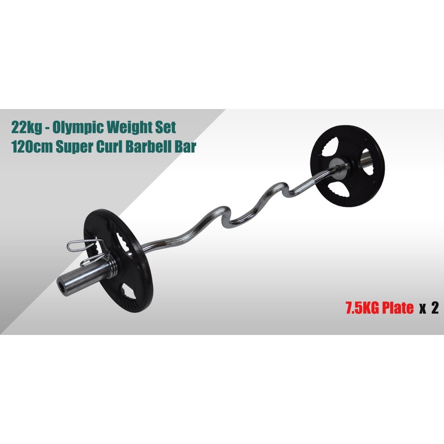 22kg Olympic Barbell Weight Set - 120cm Super Curl Bar + 15kg Weight Plates Home Gym