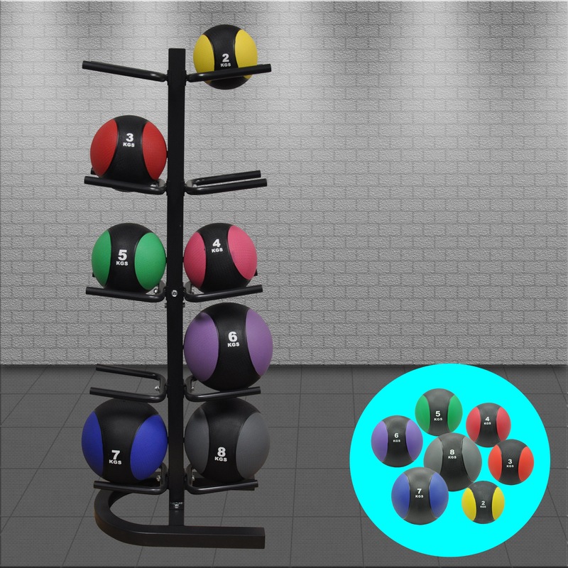 2kg 8kg Rubber Medicine Ball Set / Gym Fitness Exercise Ball With Storage Rack Fitness World