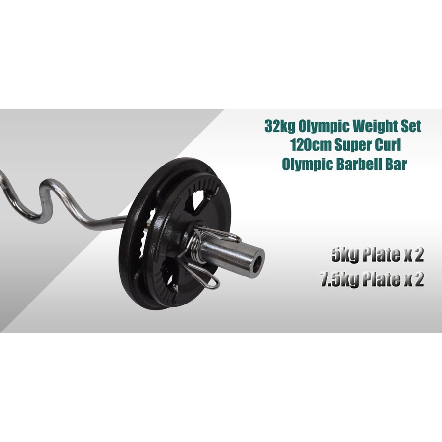 32kg Olympic Barbell Weight Set - 120cm Super Curl Bar + 25kg Weight Plates Home Gym