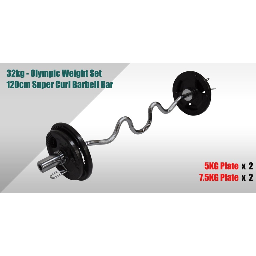 32kg Olympic Barbell Weight Set - 120cm Super Curl Bar + 25kg Weight Plates Home Gym
