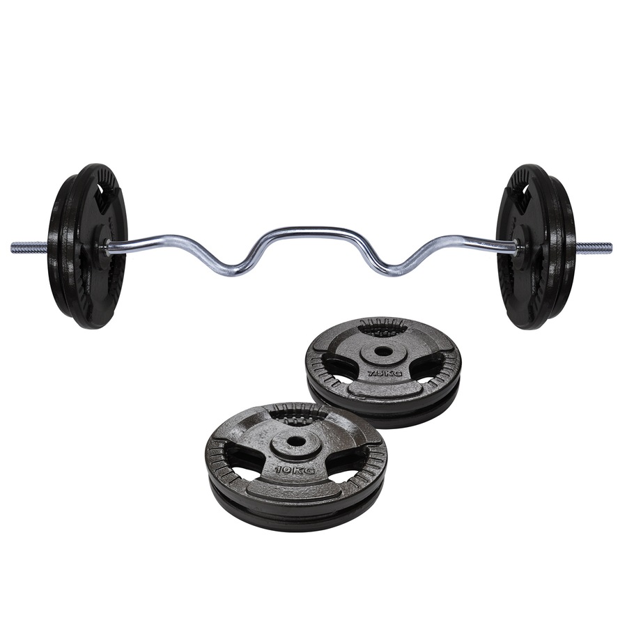 40kg - 120cm Super Curl Barbell Bar Weight Set + Ez Grip Cast Iron Weight Plate