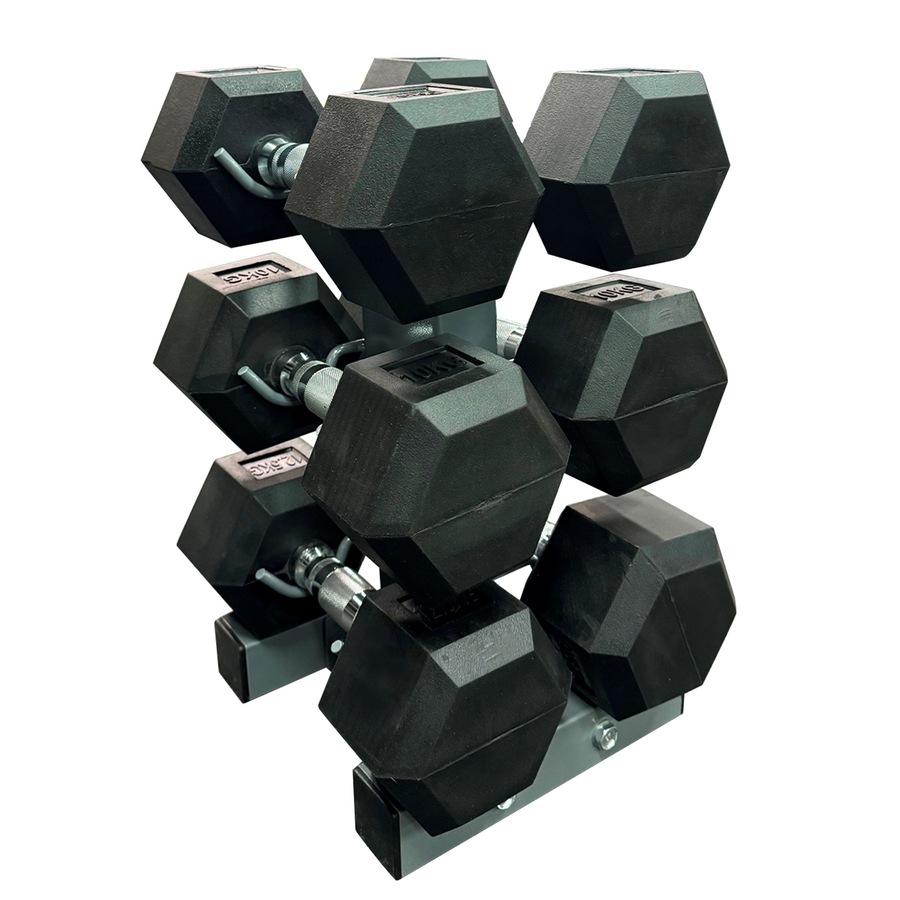 7.5-10-12.5kg Total 60kg Hex Rubber Dumbell Weight Set with Solid Rack