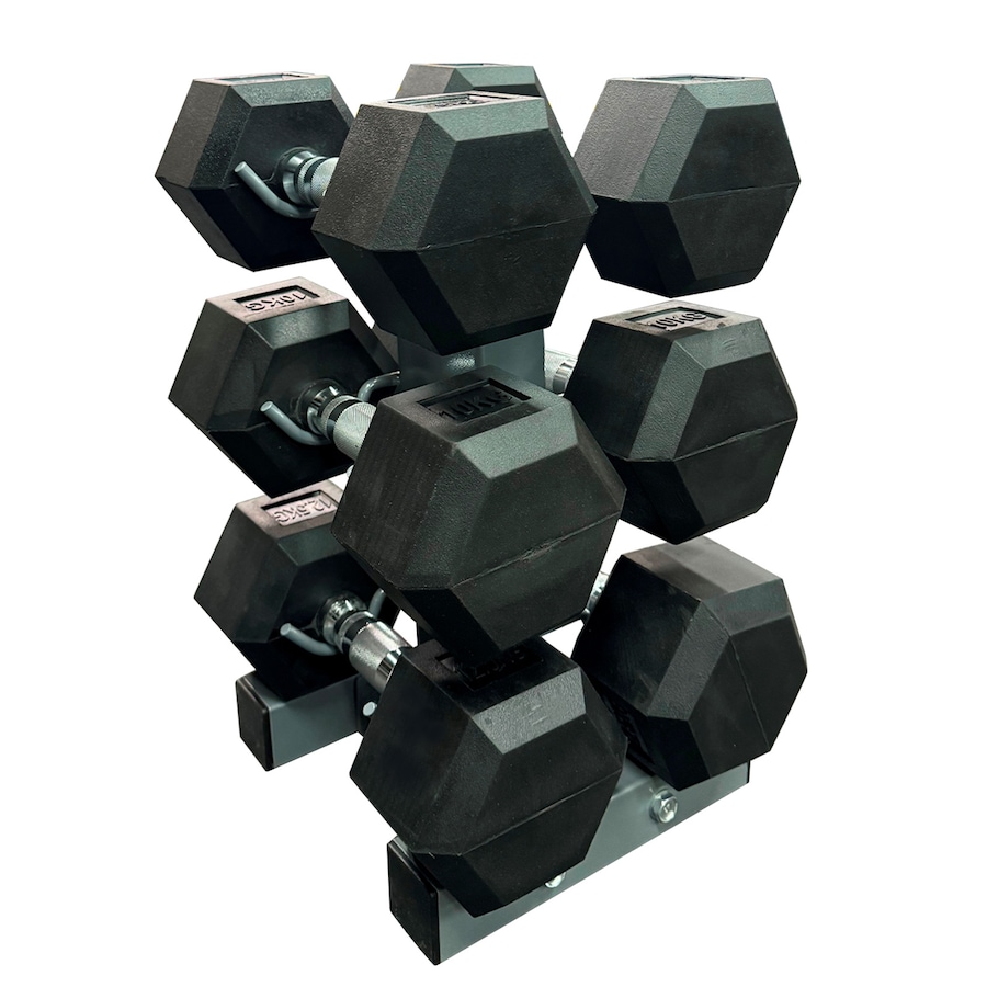 7.5-10-12.5kg Total 60kg Hex Rubber Dumbell Weight Set with Solid Rack
