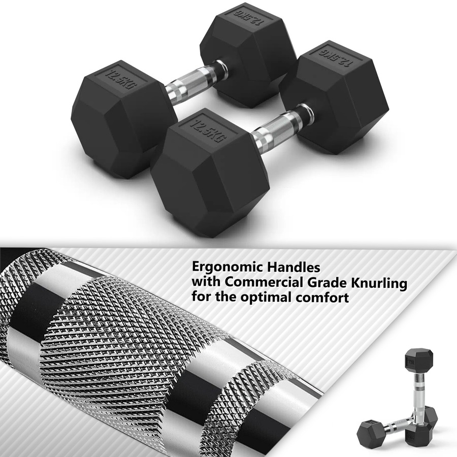 7.5-10-12.5kg Total 60kg Hex Rubber Dumbell Weight Set with Solid Rack