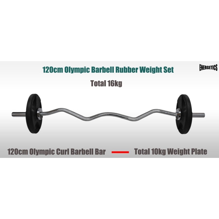 Total 16kg - 120cm Olympic Curl Barbell Weight Set - Rubber Coated Weight Plate