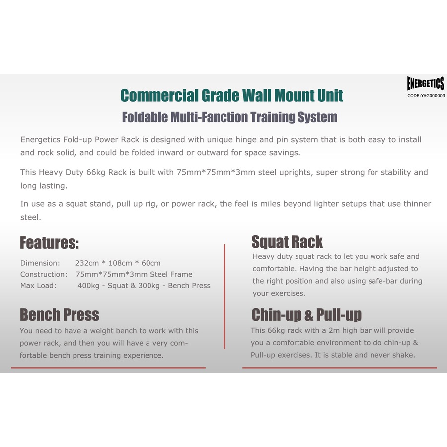 Wall Mounted Foldable Power Rack - Power Cage / Weight Bench Press - Squat Cage