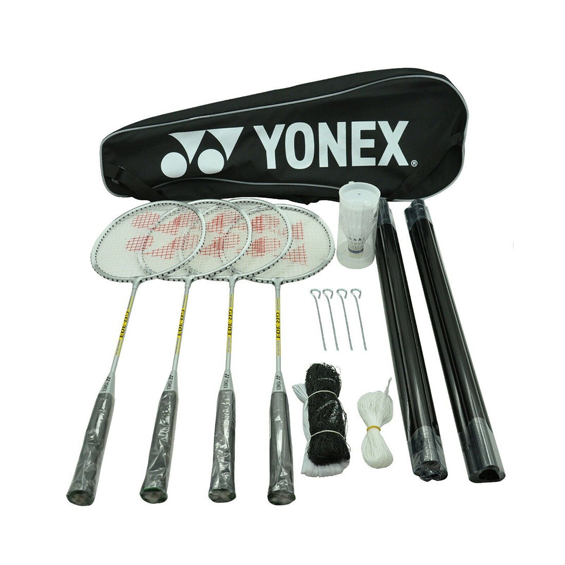 Yonex 4 Players Badminton Racquet Set Racket - Shuttlecocks -Net - Poles - Bag