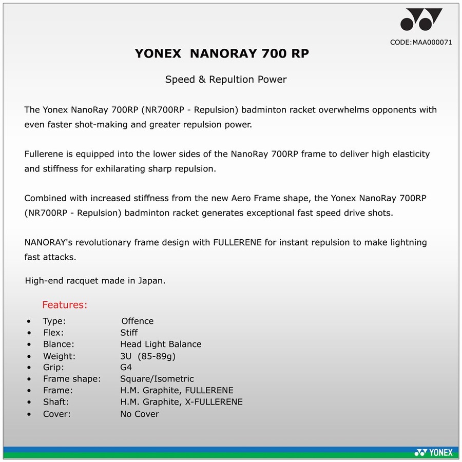 Yonex Badminton Racquet - Nanoray 700 RP - 3U4 - Offer One Free Grip