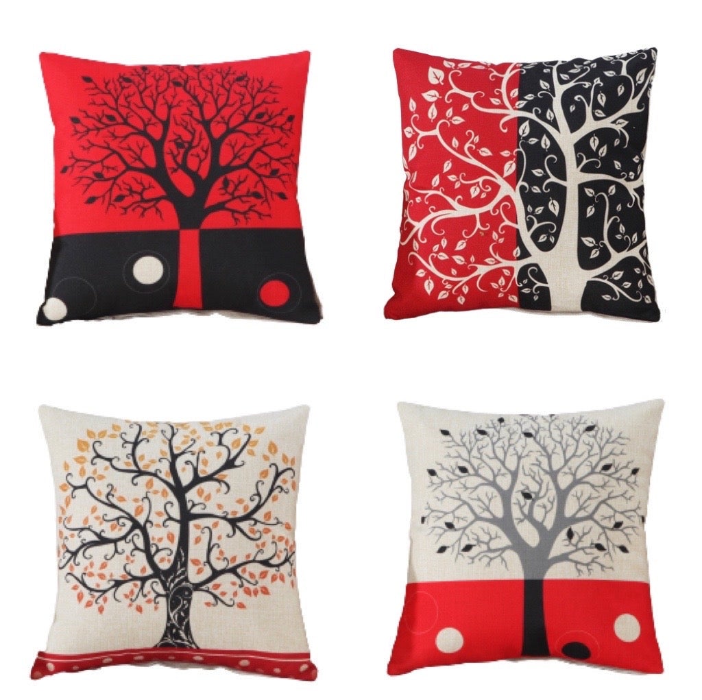 4 Pack Red Black Cushion Covers Nature Life Tree Cotton Linen Pillowcase 45cm