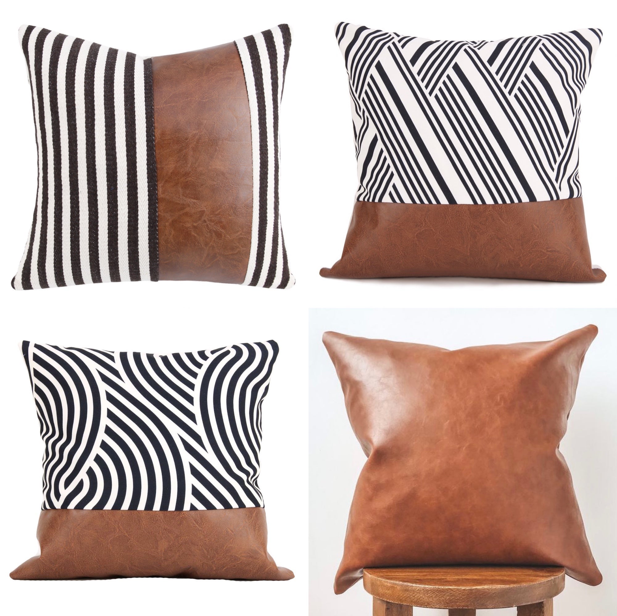 Faux Leather Cushion Covers With Canvas Square Throw Pillow Cases Home Decor