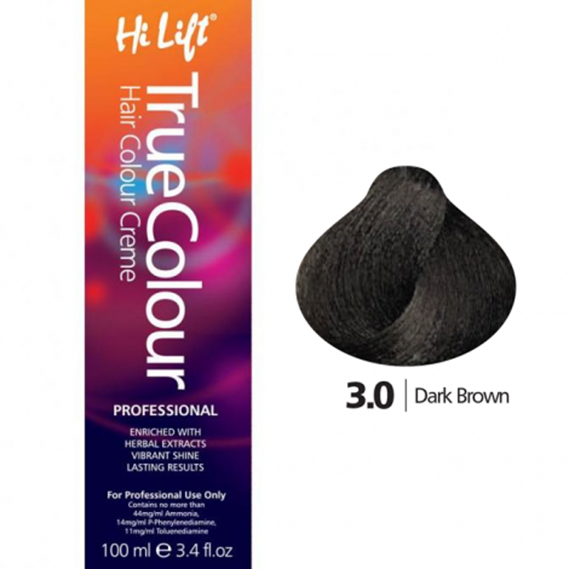 Hi Lift True Colour Permanent Hair Dye Cream Color Styling 3.0 Dark Brown 100ml