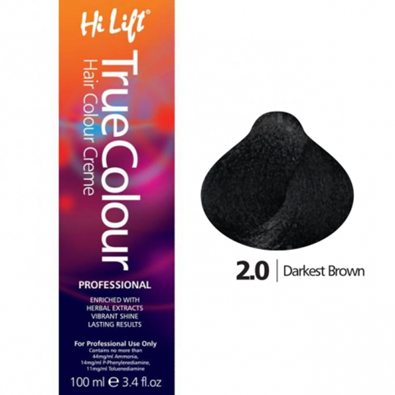 Hi Lift True Colour Permanent Hair Dye Color Cream 2.0 Darkest Brown 100ml