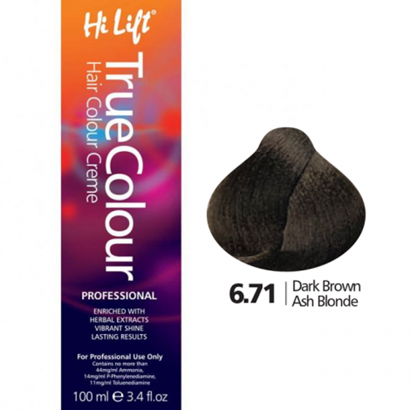 Hi Lift True Colour Permanent Hair Dye Cream 6.71 Dark Brown Ash Blonde 100ml