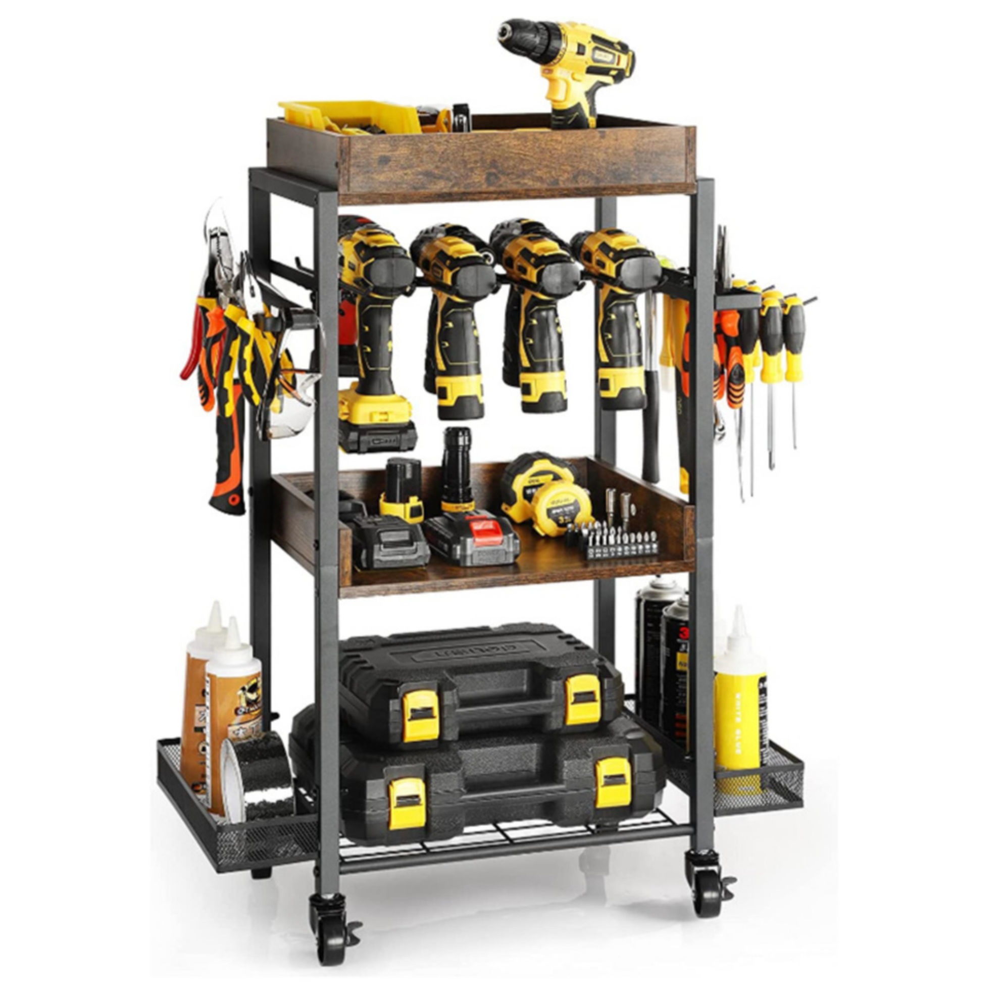 Power Tool Organizer Cart with Wheels Movable Garage Tools Storage 4 Layer Heavy
