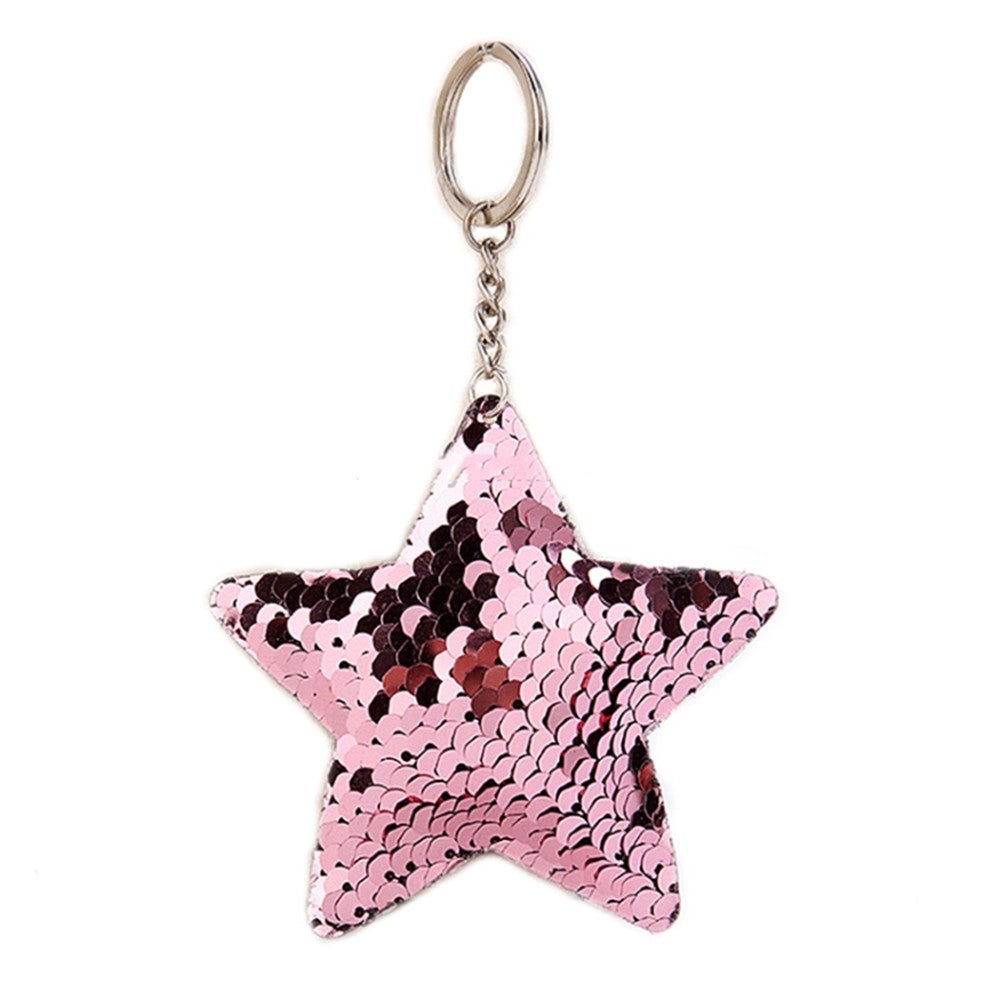 10 Pcs Cute Star Keychain Glitter Pompom Sequins Key Chain Gifts for Women Car Bag Accessories Key Ring(Pink)