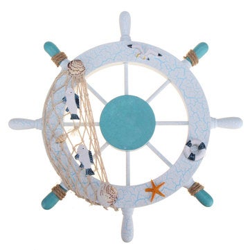 11'' Beach Wooden Boat Ship Steering Wheel Nautical Beach Fish Net Shell Wall Decoration