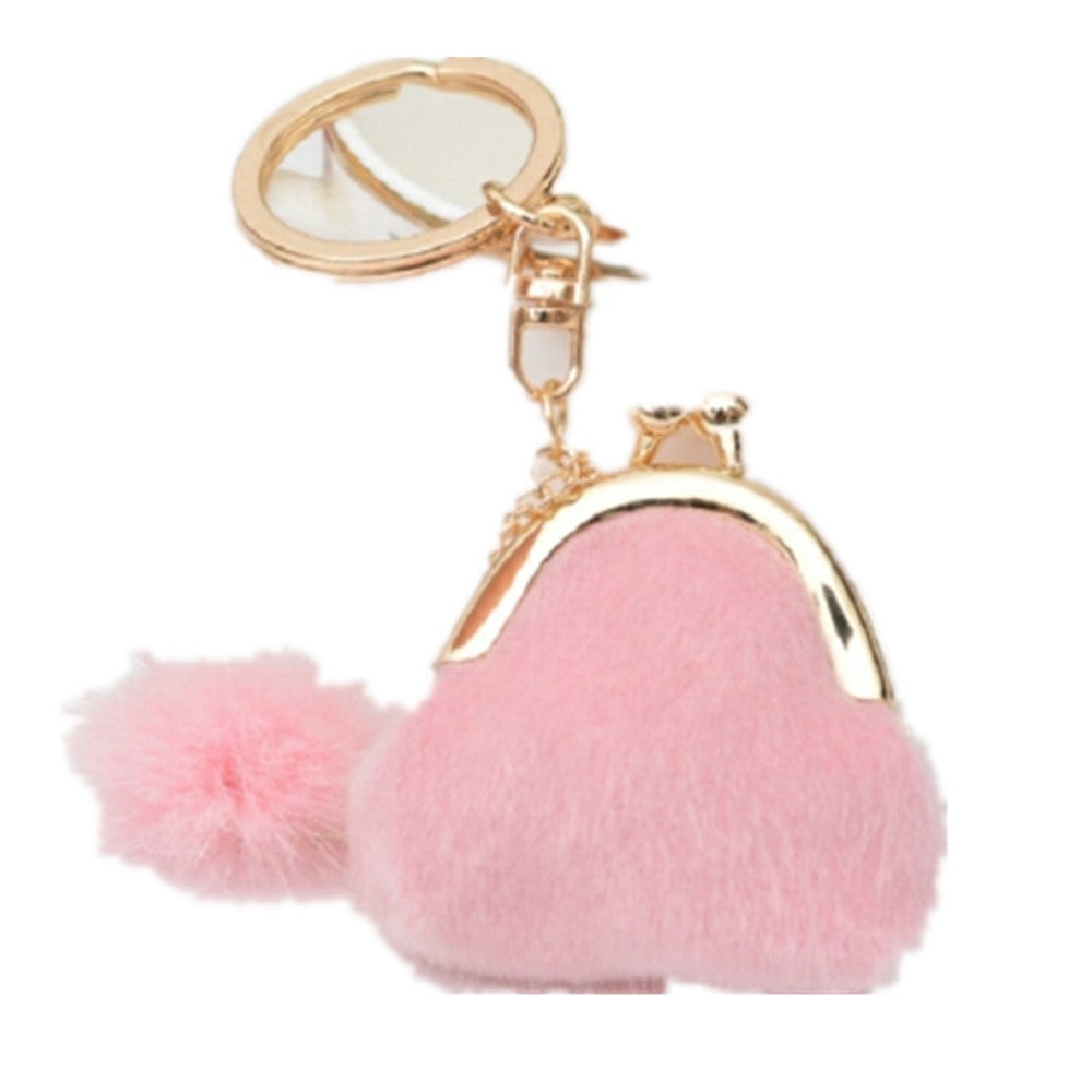 2 Pcs Mini Unique Keychain Coin Purse Women Pompon Rabbit Fur Ball Plush Key Ring Holder Girls Bags Charm Women Purse Wallet(Pink)