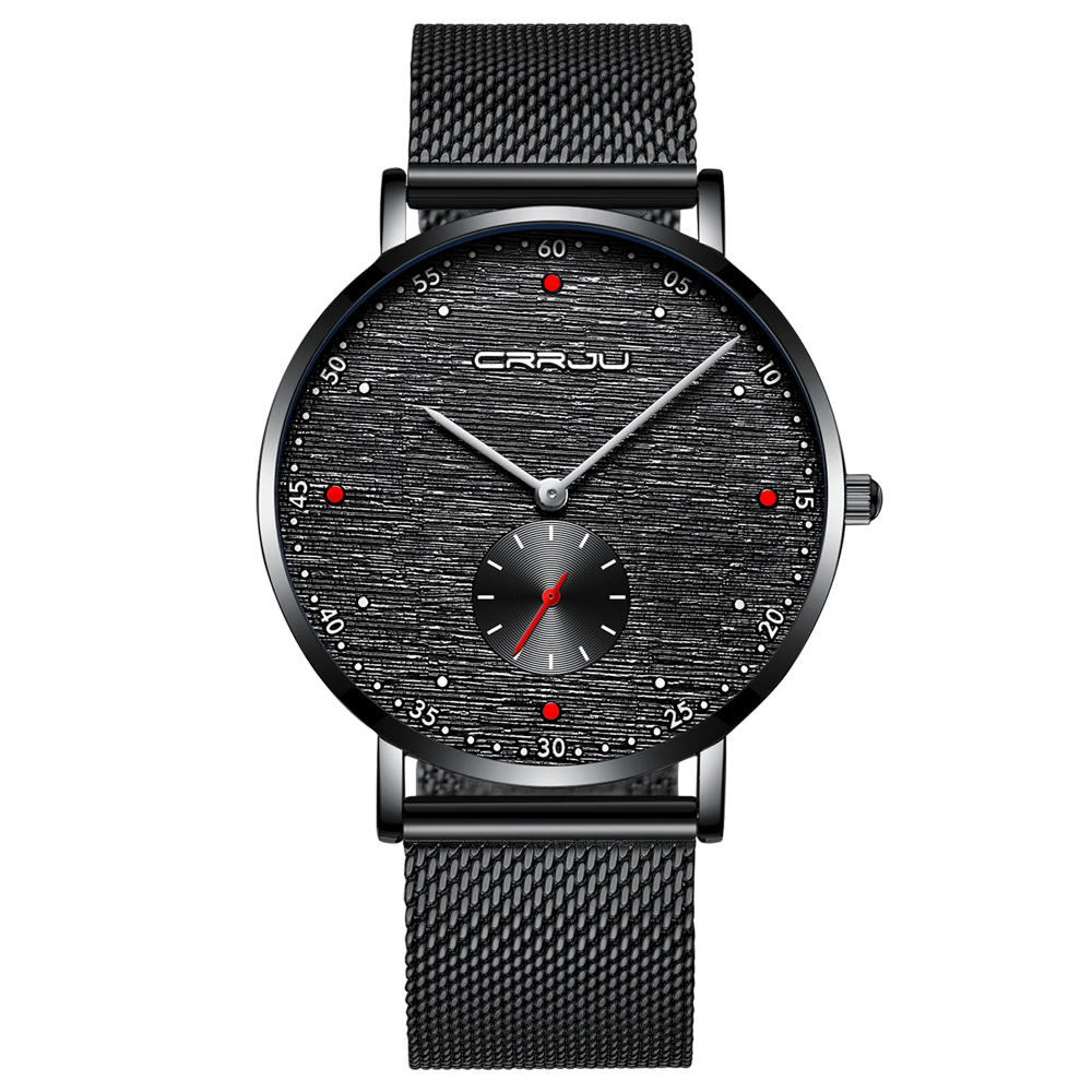 2163 Fashion Red Dot Design Full Steel Independent Second Dial Men Quartz Watch BLACK COLOR