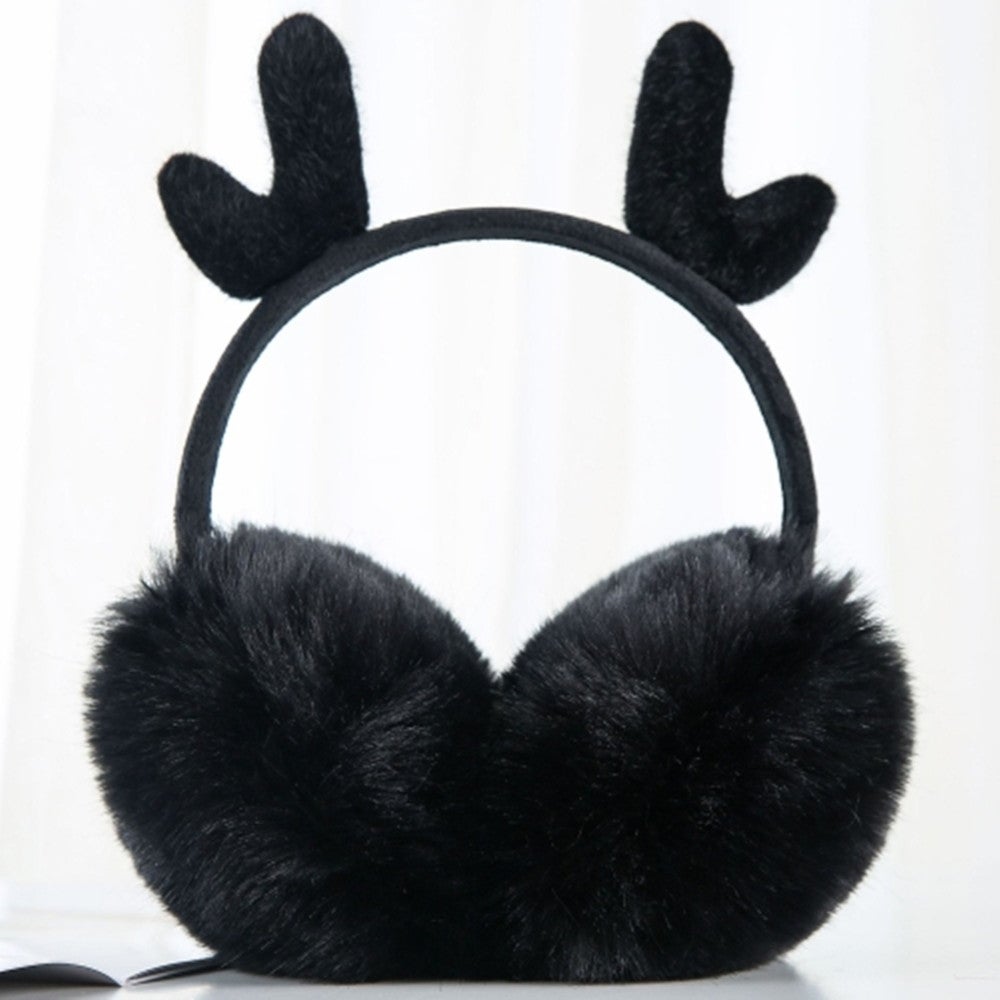 2Pcs Antler Plush Earmuffs Winter Warm Fashion Retractable Ear Warmer One Size(Black)