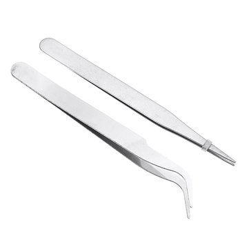 2Pcs Mini Stainless Steel Tweezer Straight And Elbow Head Pincette
