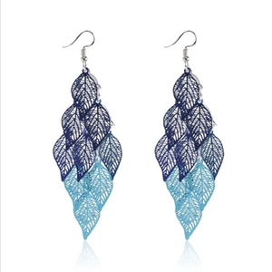 4Pair Bohemian Hollow Leaves Tassel Drop Earrings Ladies Jewelry Gifts(Blue)