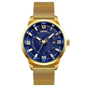 9166 Business Gold Stainless Steel Strap Date Display Waterproof Men Watch Blue